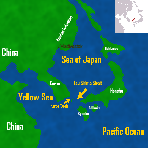 Map of the Korea Strait and Tsushima Strait, either side of the Tsushima Islands