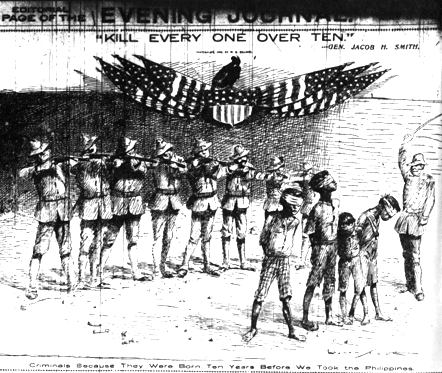General Jacob H. Smith’s infamous order “Kill Everyone Over Ten” was the caption in the New York Journal cartoon on May 5, 1902. The Old Glory draped an American shield on which a vulture replaced the bald eagle. The caption at the bottom proclaimed, “Criminals Because They Were Born Ten Years Before We Took the Philippines”