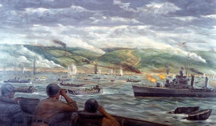 “The Battle for Fox Green Beach” Watercolor by Navy Combat Artist Dwight Shepler, 1944, showing USS Emmons (DD-457) bombarding in support of the Omaha Beach landings, on D-Day of the Normandy invasion, 6 June 1944.