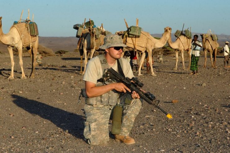 A U.S. service member from Combined Joint Task Force – Horn of Africa monitors the terrain while conducting a tactical movement exercise as part of a desert survival course conducted by the French military in Sida, Djibouti, on Nov. 10, 2007.
