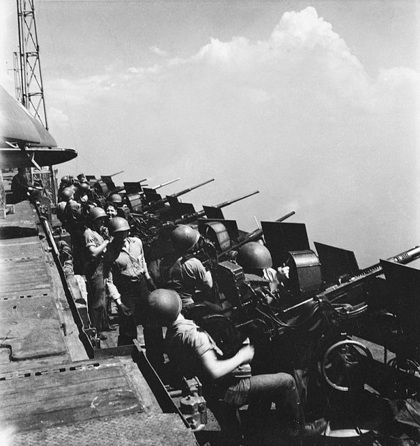 1945, a row of 20 mm Oerlikon guns aboard the Essex-class aircraft carrier USS Hornet