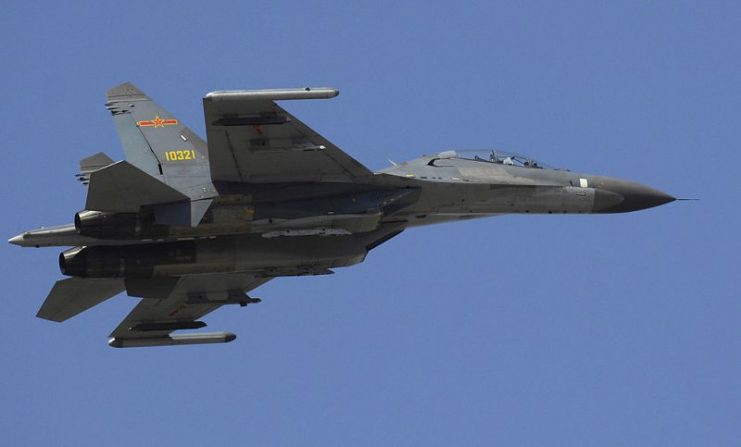 A Shenyang J-11 flies over Anshan Airfield in March 2007.