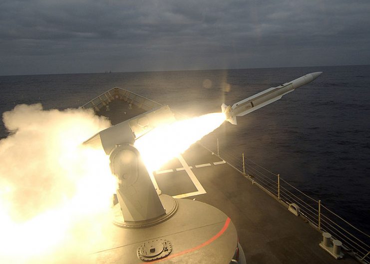 An SM2 being launched from the Spanish frigate FFG Canaras July 2016