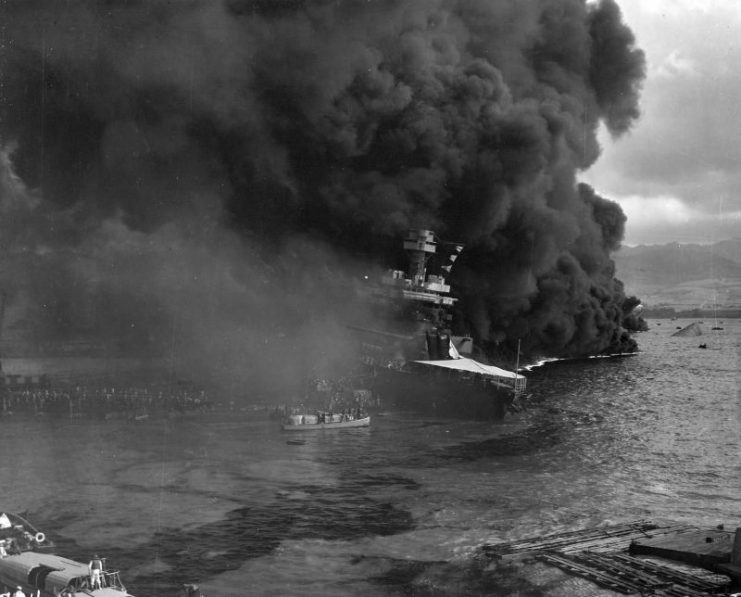 Battleship USS California flame at Pearl Harbor 7 December 1941