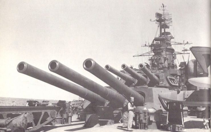 California’s aft triple 14-inch (356 mm) 50 caliber gun turrets in August 1945.