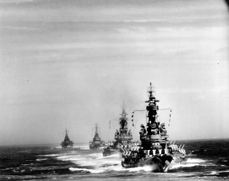 Indiana leading Massachusetts and the heavy cruisers Chicago and Quincy shortly before the bombardment of Kamaishi on 14 July 1945. This photo was taken from South Dakota.