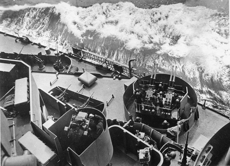 Secondary Battery Control and light AA guns aboard the South Dakota (BB-57) in the Atlantic, 1943.