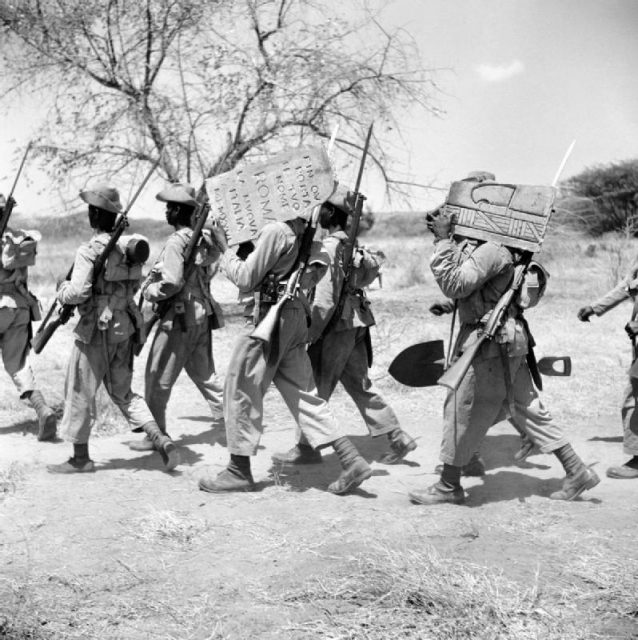 Soldiers of the West African Frontier Force removing Italian frontier markers from the Kenya–Italian Somaliland border, 1941