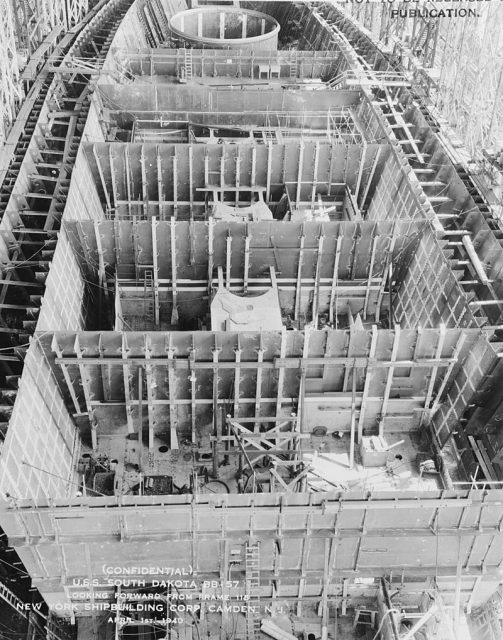 South Dakota under construction in April 1940 at the New York Shipbuilding Corporation shipyard, Camden, New Jersey