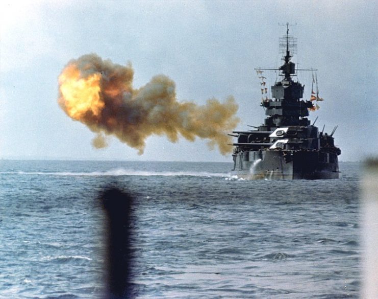 The battleship USS Idaho shelling Okinawa on April 1, 1945