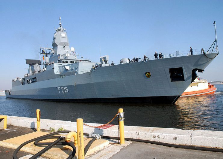 The German frigate Sachsen (F 219) prepares to dock into Naval Station Mayport, Florida, 8 February 2007