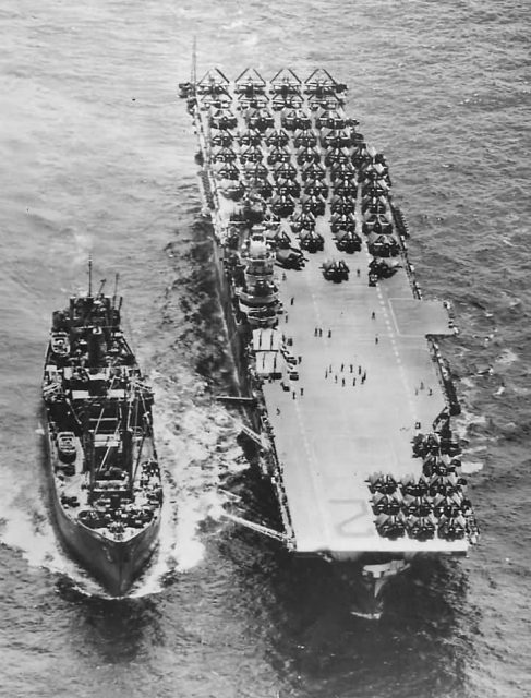 USS Hornet (CV-12) Being Resupplied by an ammunition ship – 1944
