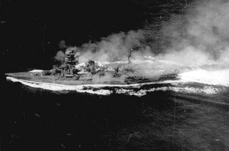 The Japanese battleship Ise underway during the Battle of Leyte Gulf