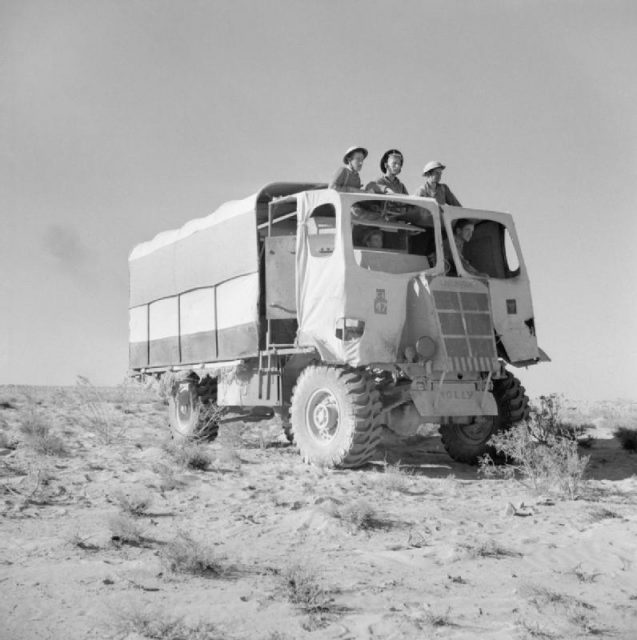 A 6-pdr anti-tank gun semi-armored portee, camouflaged to look like an ordinary lorry, 27 October 1942. (AEC Mk I Deacon)