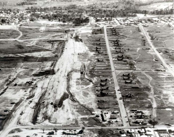 Aerial view of An Khe airfield under construction, 1965.