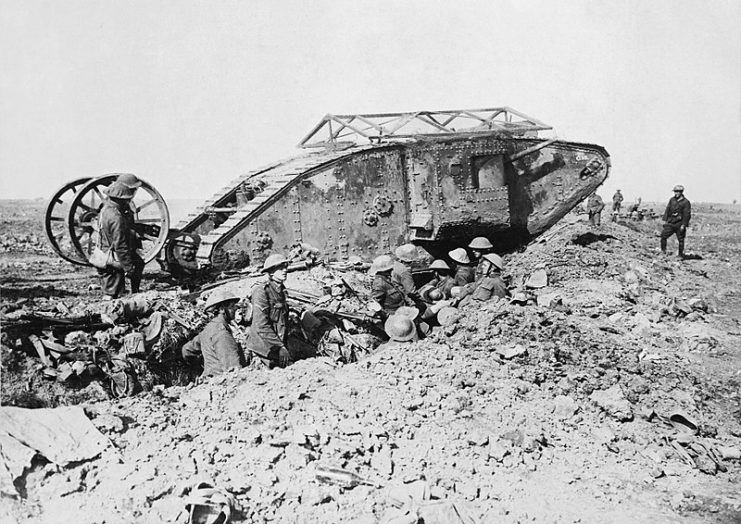 An early model British Mark I “male” tank, named C-15, near Thiepval, 25 September 1916.