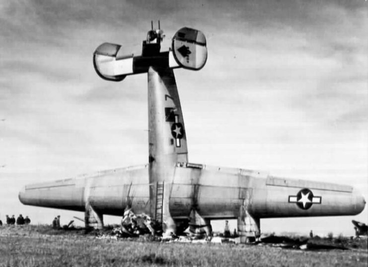 B-24 Liberator which crashed because of braking during take-off. 6 crew members died.