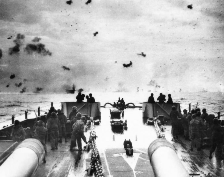 Battleship Fires on Japanese Suicide Plane off Okinawa Pacific
