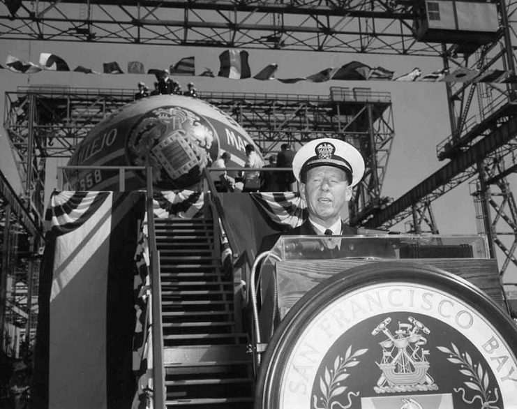 E. B. Fluckey speaks during the launching ceremonies of the Mariano G. Vallejo at Mare Island on 23 October 1965.