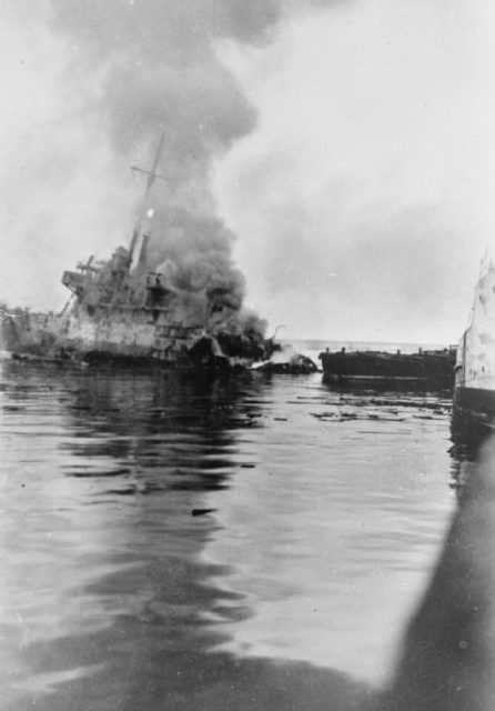 HMS Hartland on Fire and Sinking After Following HMS Walney Into Oran Harbour in the Face of a Hot Fire From French Warships and Shore Batteries.