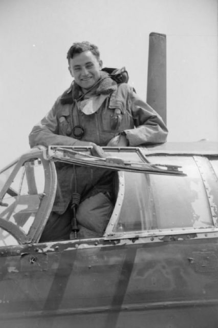 Sergeant James Allan Ward standing in the cockpit of his Vickers Wellington Mark IC, L7818 ‘AA-V’, at Feltwell, Norfolk.