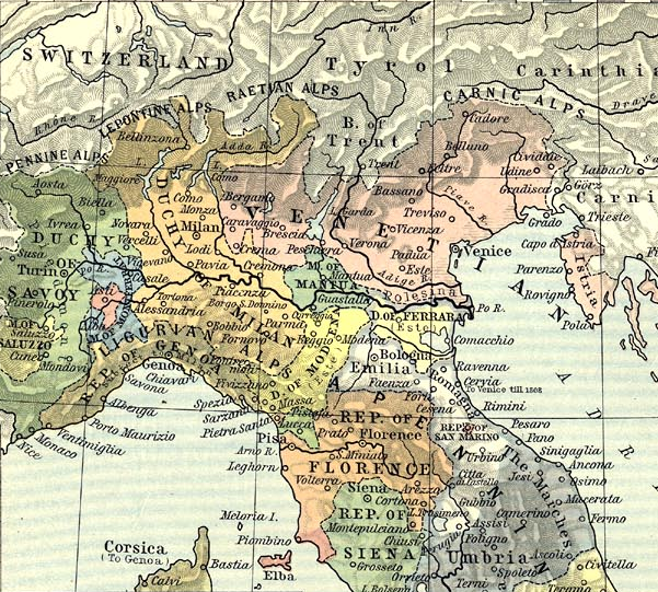 Northern Italy in 1494; by the start of the war in 1508, Louis XII had expelled the Sforza from the Duchy of Milan and added its territory to France.