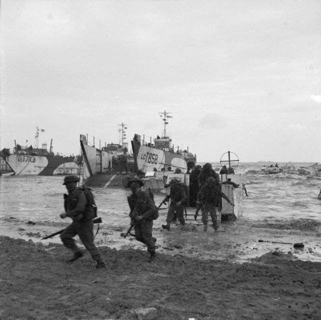 Operation Overlord (the Normandy Landings)- D-day 6 June 1944 Commando troops coming ashore from LCIs (Landing Craft Infantry).
