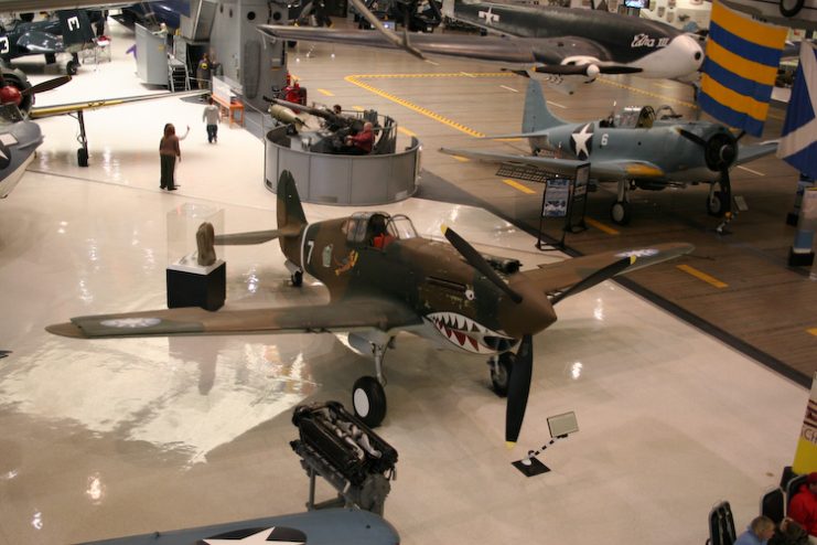 Hawk 81A-3/Tomahawk IIb AK255, at the U.S. National Museum of Naval Aviation, is shown in the colors of the Flying Tigers, but never actually served with them; it began life with the RAF and was later transferred to the Soviet Union. By Jasdulan CC BY-SA 3.0