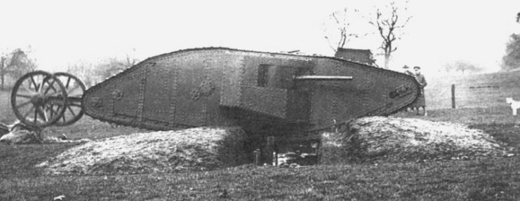 The prototype Mark I tank “Mother” during trials in the grounds of Hatfield House, 1916
