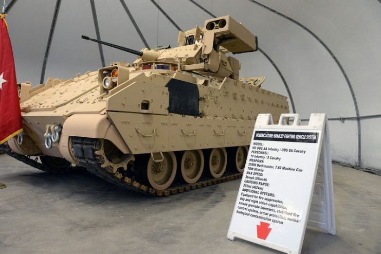 Bradley Fighting Vehicle, the latest addition to the Pennsylvania Army National Guard’s armored vehicle fleet, sits on display during an unveiling ceremony for the vehicle at Fort Indiantown Gap, PA.