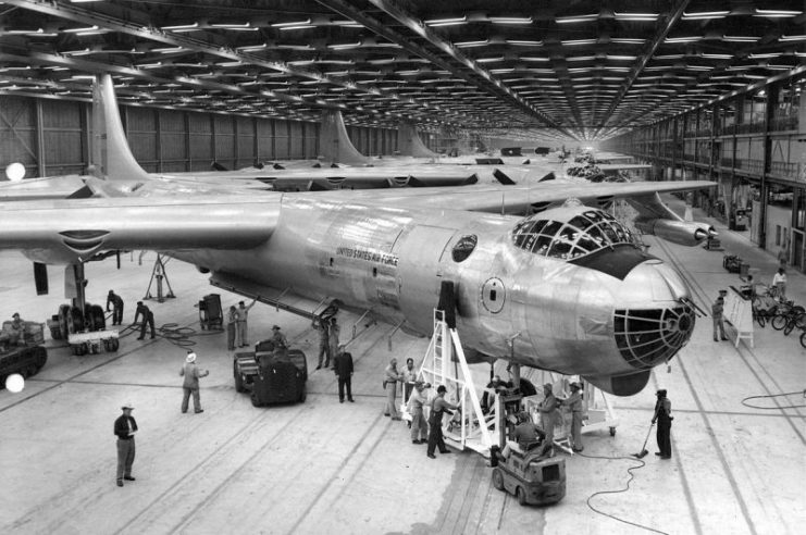 RB-36s in production. Note the heavily-framed “greenhouse” bubble canopy over the cockpit area, used for all production B-36 airframes.