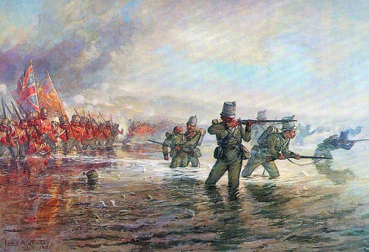 2nd Rifle Brigade leading the Light Division across the river at the Battle of the Alma on 20th September 1854 during the Crimean War