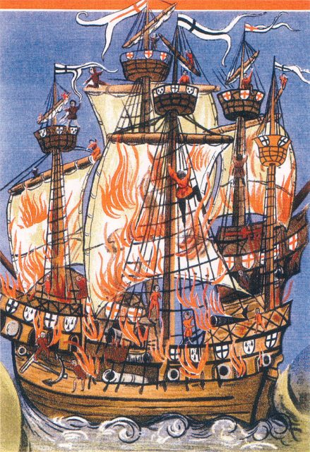 Breton flagship Cordelière and the Regent ablaze at the Battle of Saint-Mathieu. Illustration to Germain de Brie’s poem Chordigerae navis conflagratio.