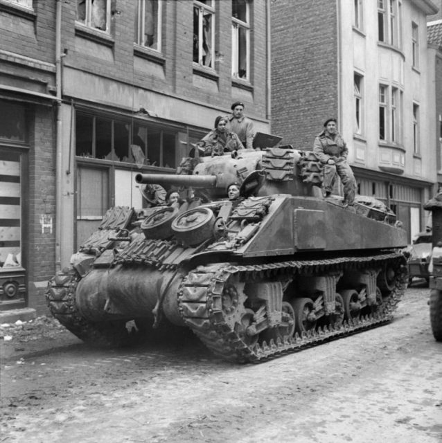 A Sherman tank of 8th Armoured Brigade in Kevelaer, Germany, 4 March 1945.