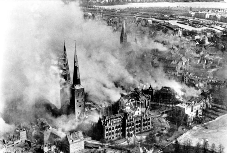 Lübeck Cathedral burning following the raids.Photo: Bundesarchiv, Bild 146-1977-047-16 CC-BY-SA 3.0