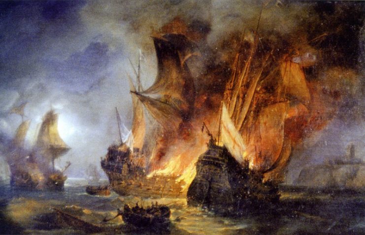 The simultaneous destruction of the Cordelière and the Regent depicted by Pierre-Julien Gilbert