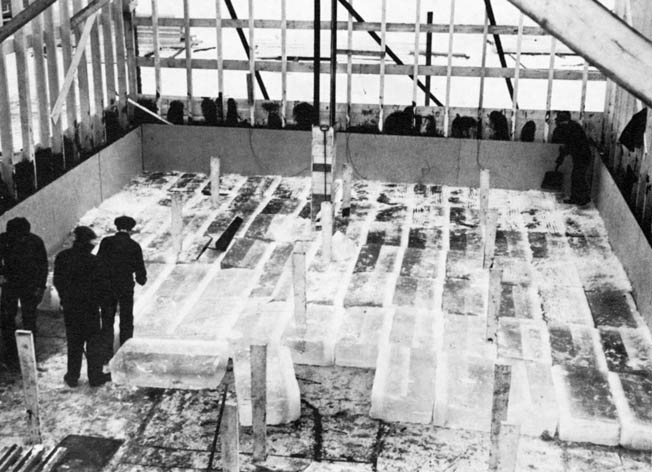 A model of the iceberg aircraft carrier, built on Patricia Lake in Canada, was 60 feet long, 30 feet wide, and weighed 1,000 tons.