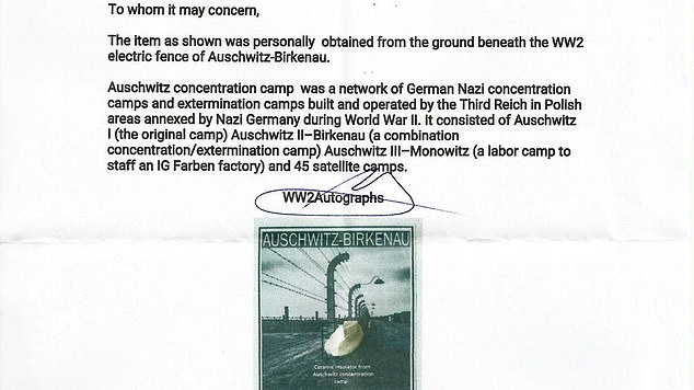Authenticity Certificate: PC Matt Hart: ‘The item as shown was personally obtained from the ground beneath the WWII electric fence of Auschwitz-Birkenau’
