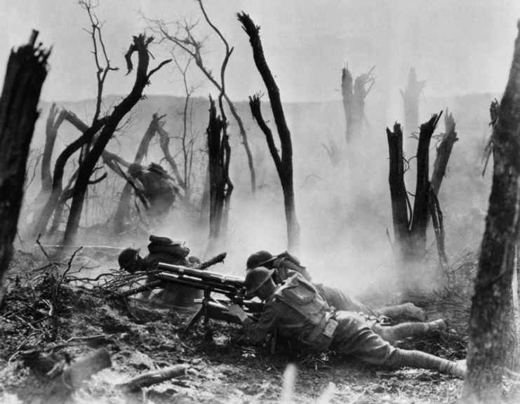 Gun crew from Regimental Headquarters Company, 23rd Infantry, firing 37mm gun during an advance against German entrenched positions.