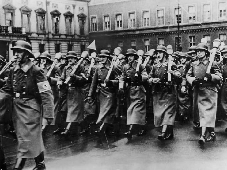 German Volkssturm Marching with Panzerfausts in Berlin 1944.