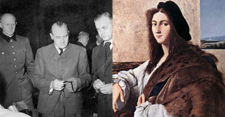 L: Frank (center) at the Nuremberg trial, with Alfred Jodl and Alfred Rosenberg 1946. R: Portrait of a Young Man (Raphael)