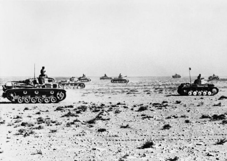 The Axis Offensive 1941 – 1942- German tanks advance in the desert shortly before the Battle of Sollum.