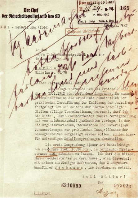 Follow-up letter from SS-Obergruppenführer Reinhard Heydrich to Ministerialdirektor Martin Luther asking for administrative assistance in the implementation of the Final Solution to the Jewish Question, February 26, 1942.
