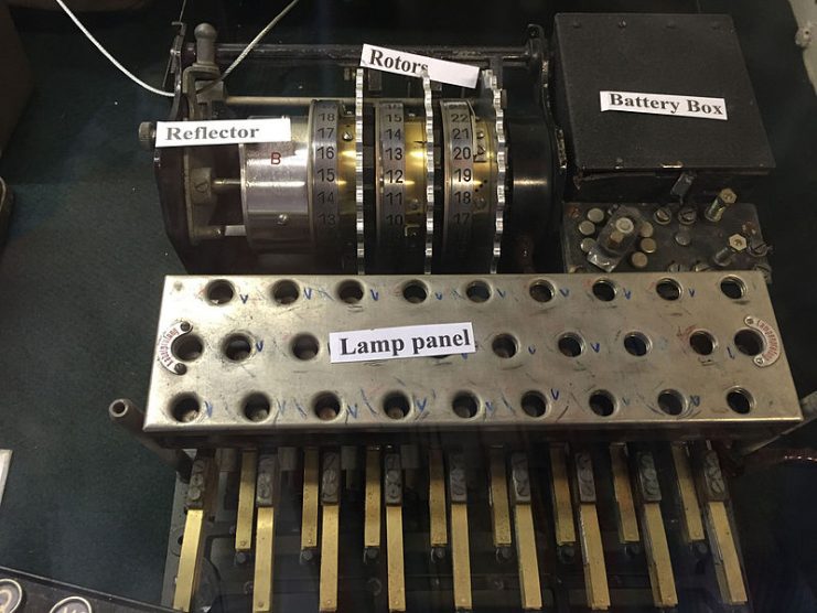 Internal mechanism of an Enigma machine showing the type B reflector and rotor stack. Photo: ArnoldReinhold CC BY-SA 4.0