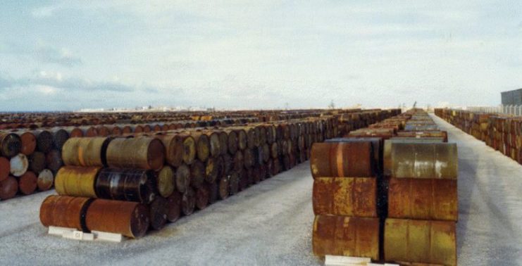 Rusting Agent Orange barrels at Johnston Atoll, circa 1976.