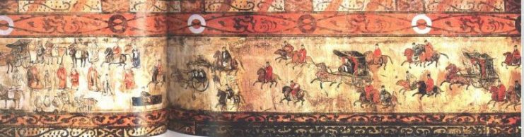Mural showing cavalry and chariots, from the Dahuting Tomb (Chinese: 打虎亭汉墓, Pinyin: Dahuting Han mu) of the late Eastern Han Dynasty (25-220 AD), located in Zhengzhou, Henan province, China