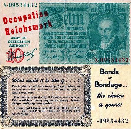 Fake German Reichsmarks; the reverse features an advertisement for Victory Loans.