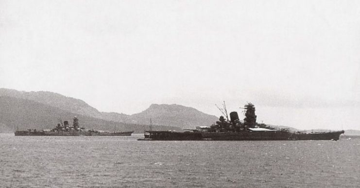 Yamato and Musashi anchored in the waters off of the Truk Islands in 1943.