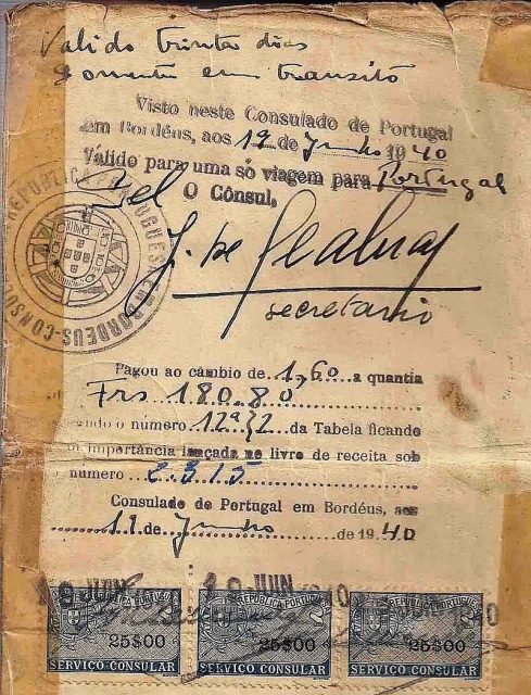 Life saving visa issued by Dr. Aristides de Sousa Mendes on June 19, 1940, bearing the signature of his secretary José Seabra
