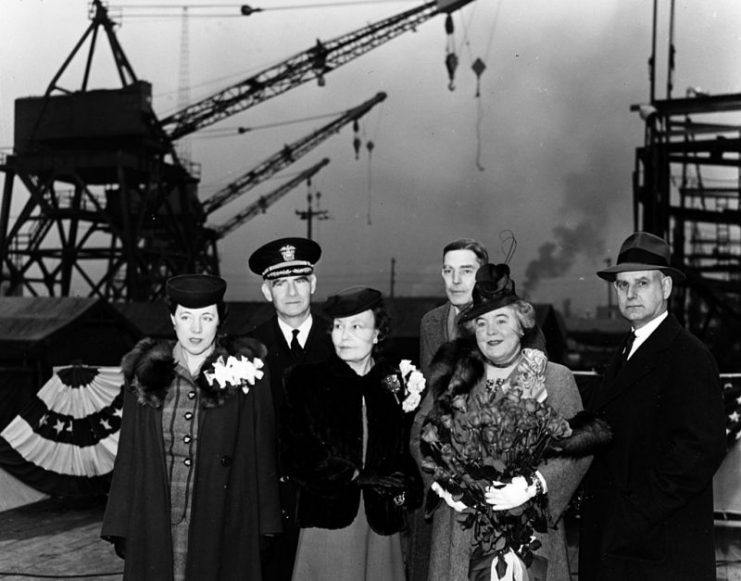 USS Johnston (DD 557). Sponsor’s party at her launching at Seattle, March 25, 1943. Mrs. Marie S. Klinger, the sponsor, is second from the right.